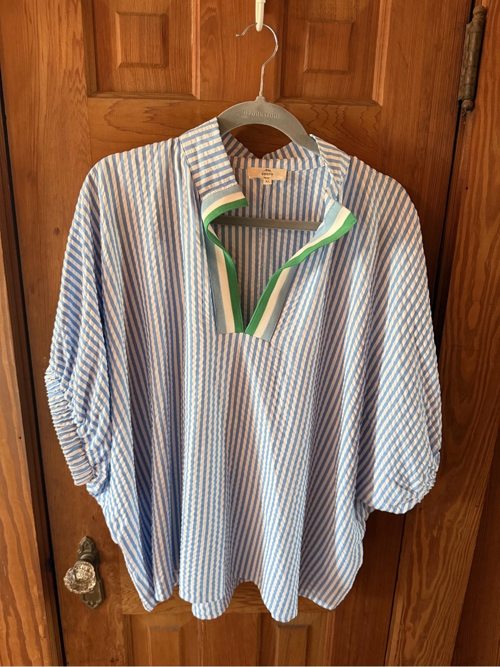entro Blue and White Striped Casual Button Down with Green-Trim Collar